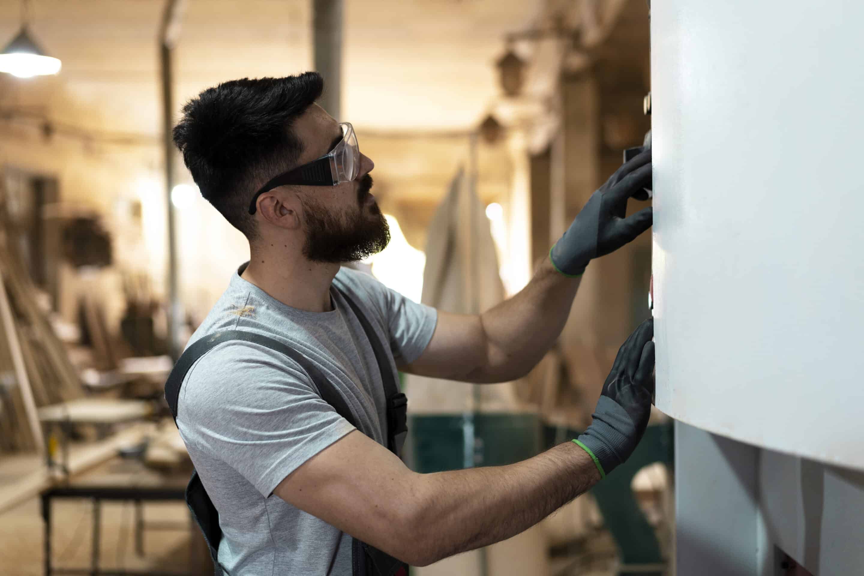 carpenter cutting mdf board inside workshop scaled