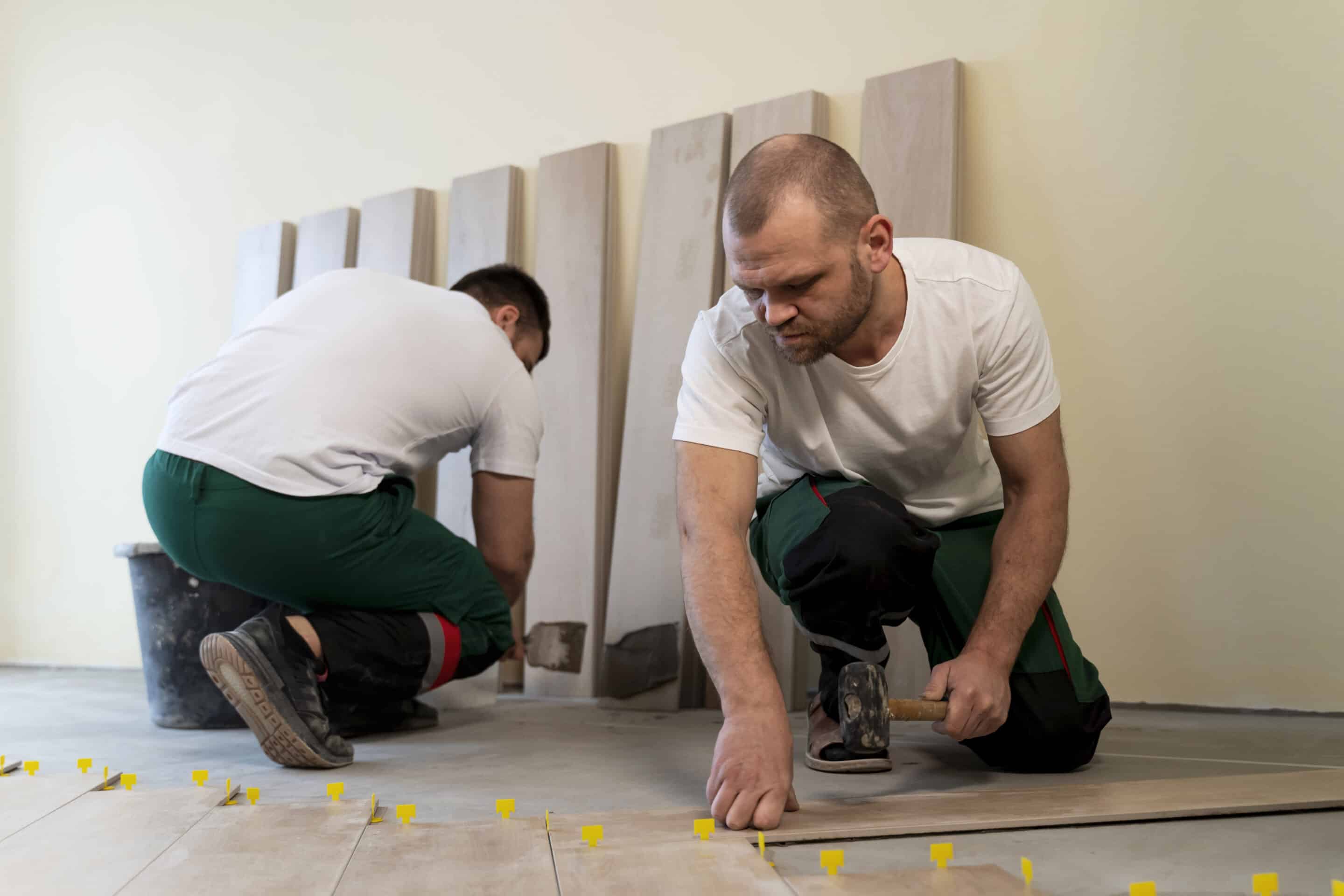 full shot workers tiling floor indoors scaled